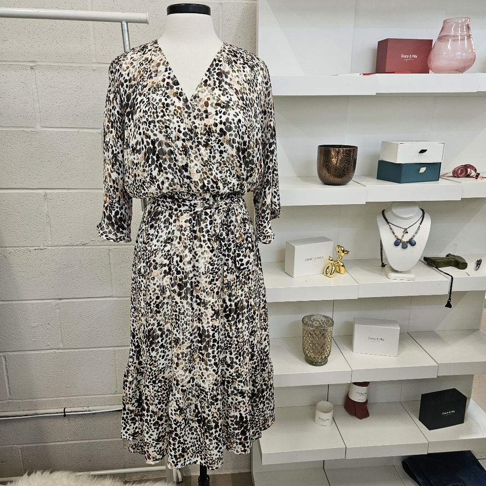 Leopard Print Midi Dress With Bell Sleeve